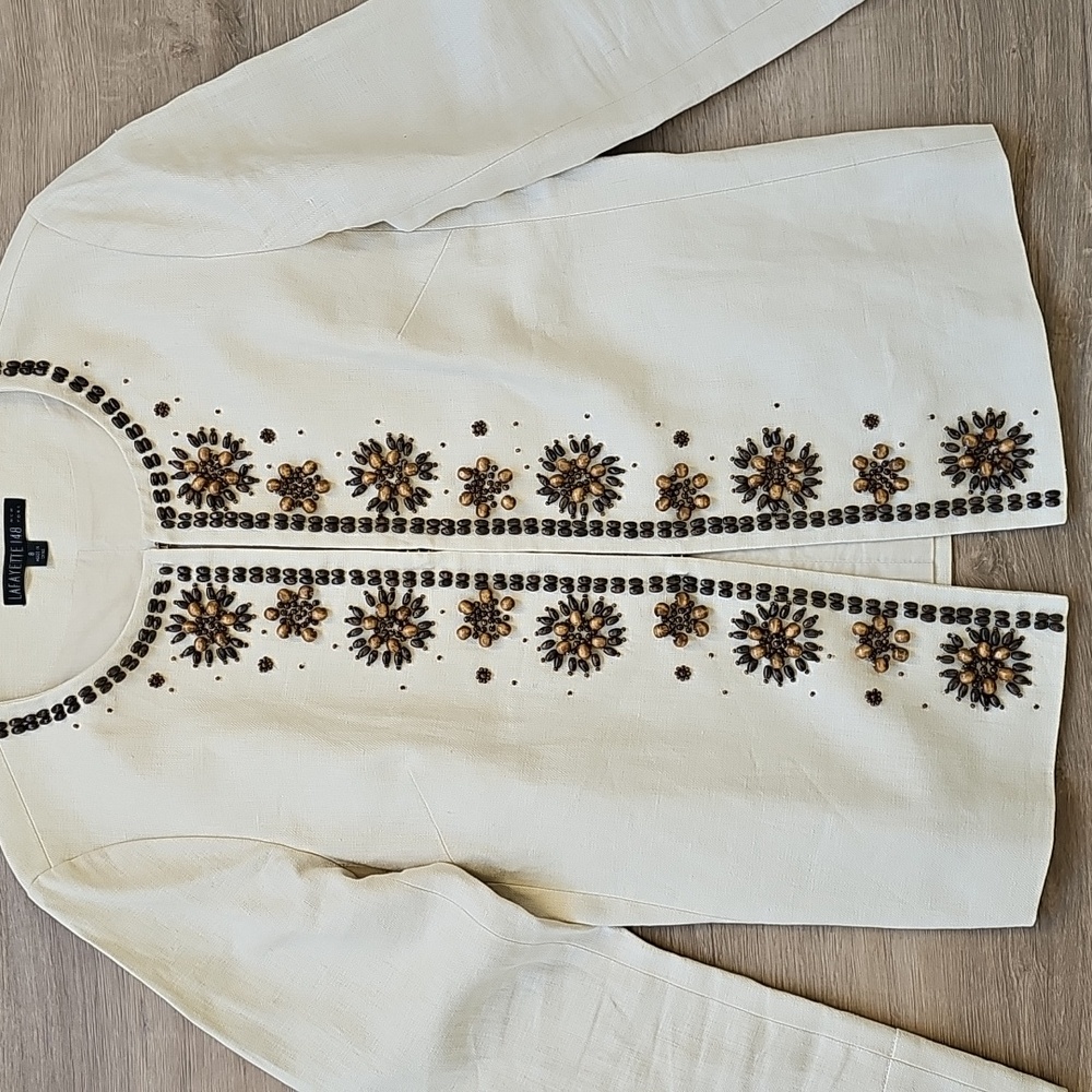 Lafayette 148 Linen Embellished Wood Beaded Cream Jacket Size 8 - Picture 3 of 8